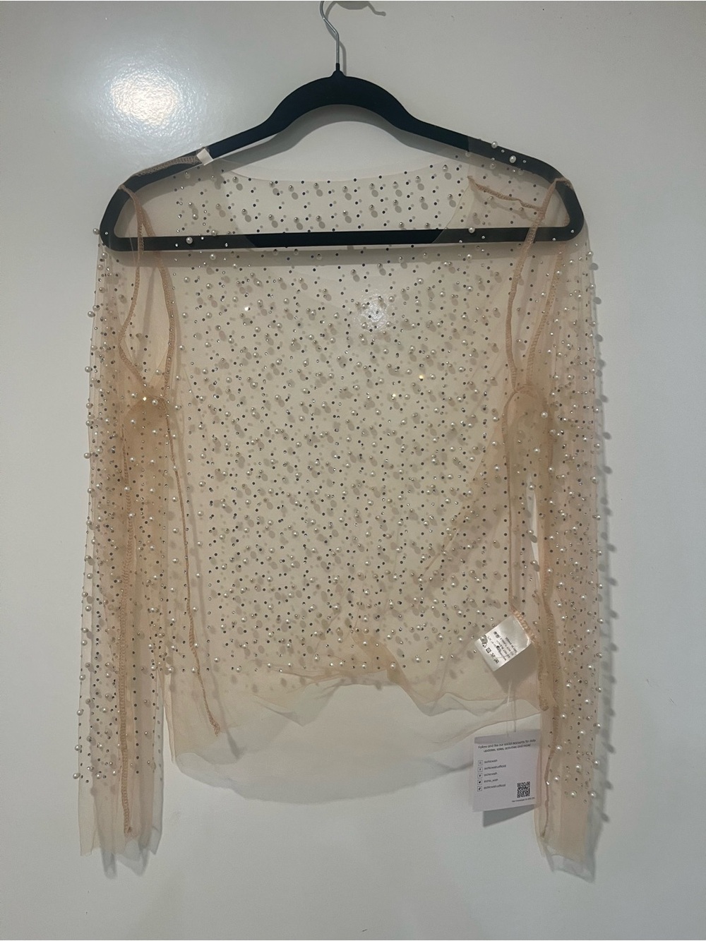 Chicwish Nude Pearl & Crystal Embellished Sheer Long-Sleeve Top - Picture 3 of 6